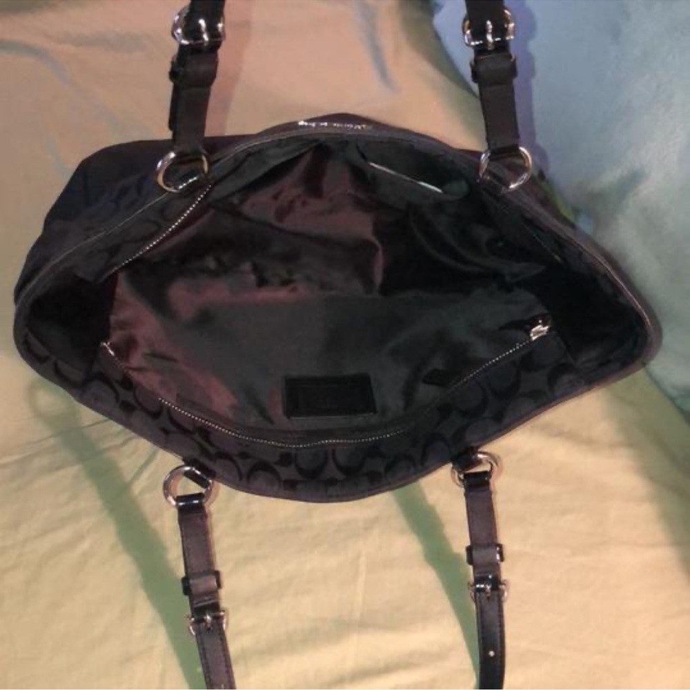 Authentic Coach tote with black iconic logos and black leather trim. - Picture 5 of 13